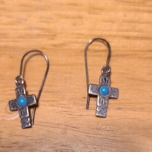 Silver Cross Earrings with Blue Accents